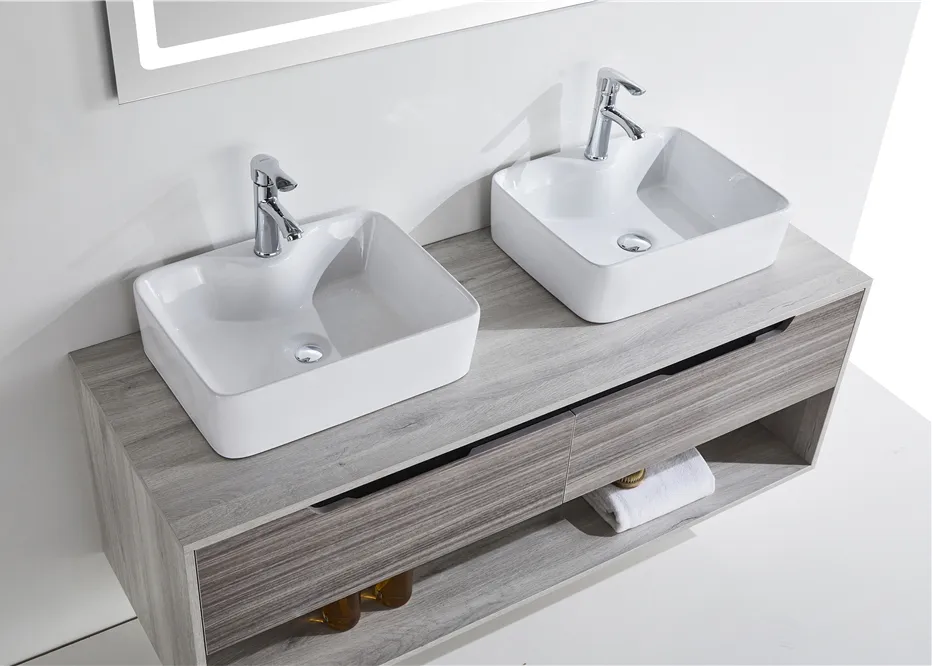 2021 Modern Double Sink Laminate Bathroom Cabinet Touch Switch LED Mirror Bathroom Vanity