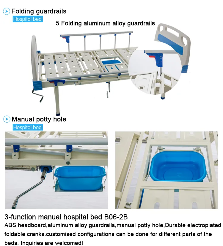 3 Cranks Functional Manual Medical Equipment Hospital Bed with Potty Hole
