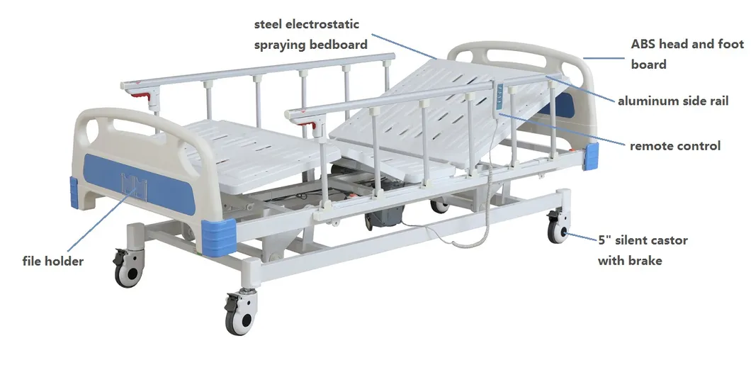 3 Function Electric Hospital Bed/Patient Bed/Nursing Bed/Fowler Bed/Medical Bed/ICU Bed with Mattress and I. V Pole