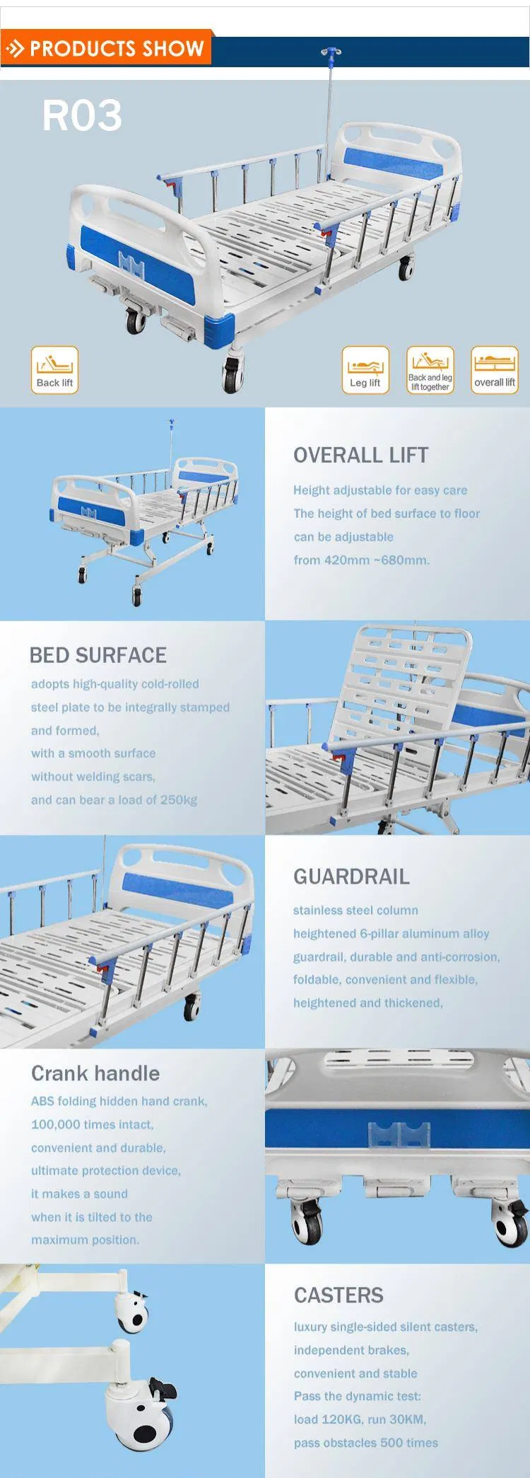 A03-2 Metal 3 Crank 3 Function Adjustable Medical Furniture Folding Manual Patient Nursing Hospital Bed with Casters