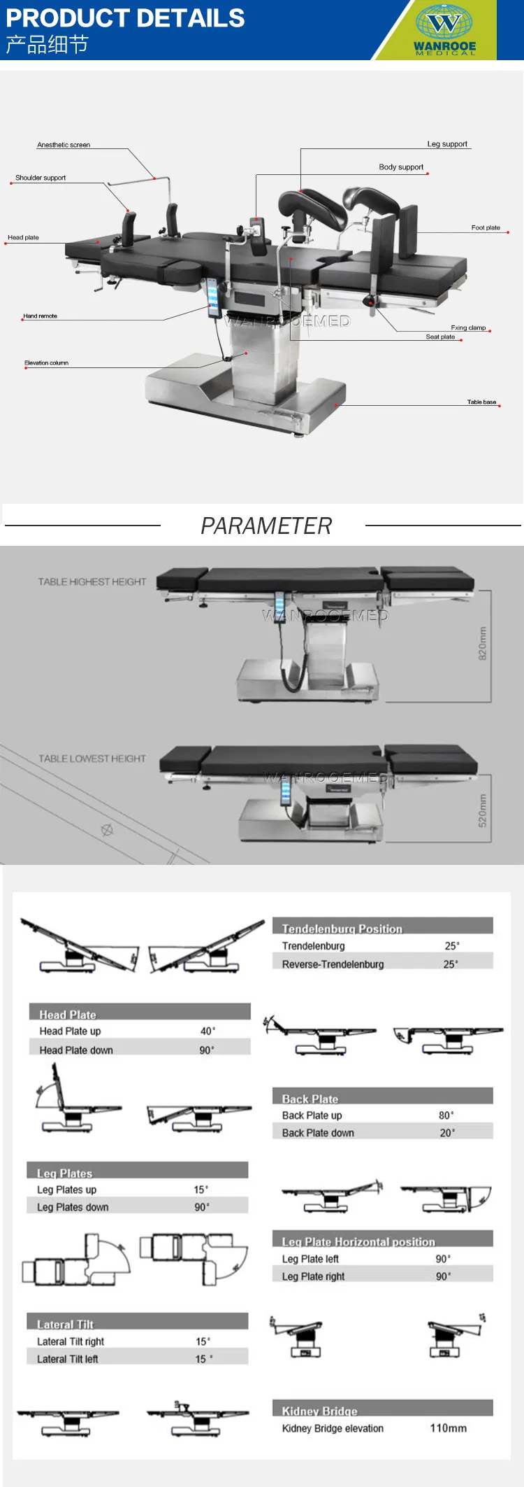 Aot100 Factory Medical Electric Surgical Hydraulic Lift Operating Table