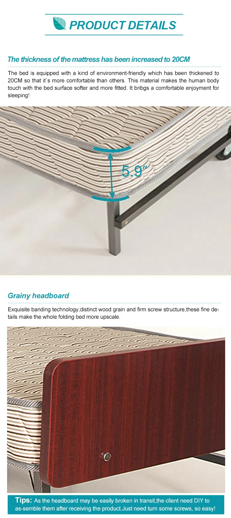 Apartment Spare on Wheels Folding Bed Memory Foam Super Sturdy Frame Single Size