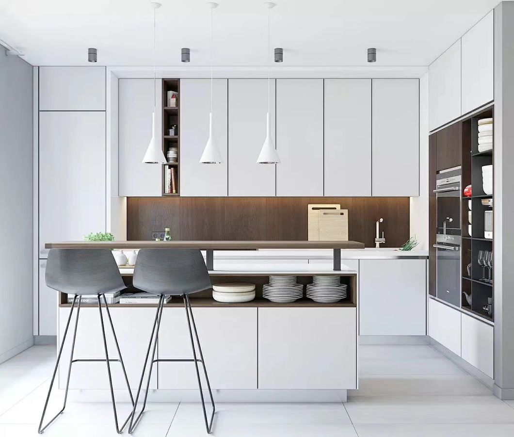 Factory Direct Sale Home Furnishings New Products Veneer Lacquer Finish Handleless Design Kitchen Cabinets with Kitchen Island