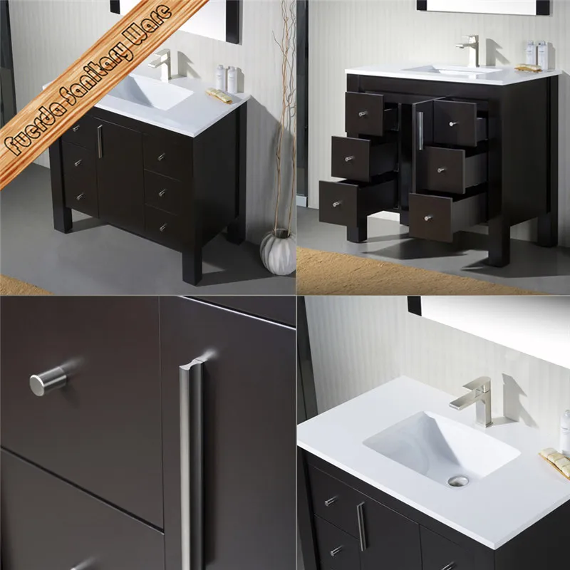 Fed-1158 Free Standing Espresso White Quartz Rectangle Sink Solid Wood Bathroom Vanities