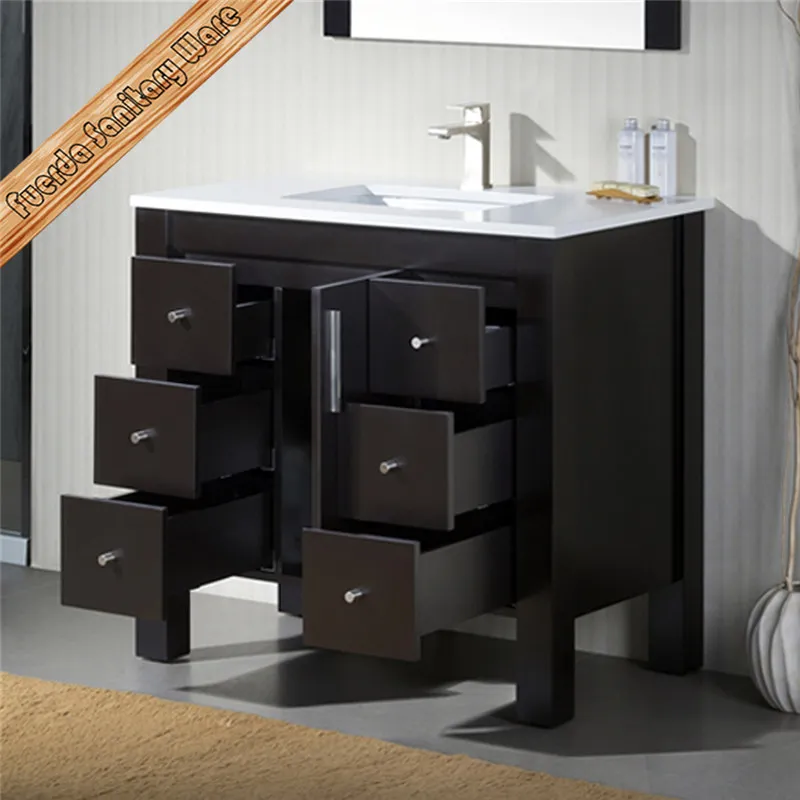 Fed-1158 Free Standing Espresso White Quartz Rectangle Sink Solid Wood Bathroom Vanities