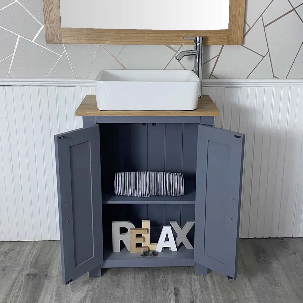 Grey Paint Dressing Oak Floor Type Bathroom Cabinet with Ceramic Sink on The Table