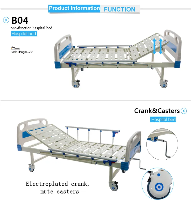 Medical Folding Care 1 Crank Steel Hospital Bed with Wheels for Patients