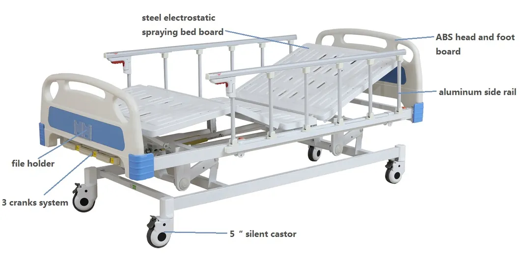 Medical Used 3 Function Hi-Lo Adjustable Manual Hospital Patient Bed with Cranks