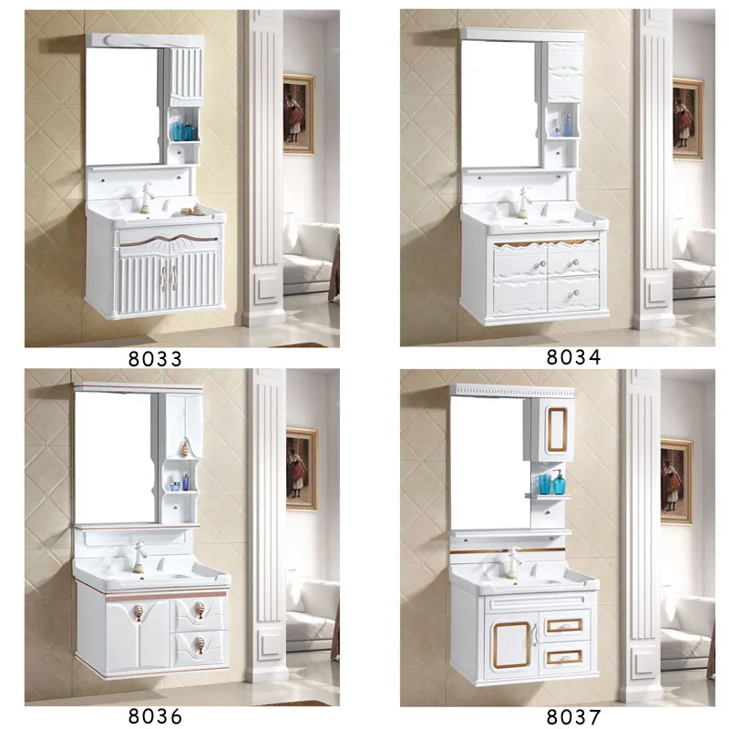 Modern Home Hanging Waterproof Mirror Wash Basin Vanity PVC Bathroom Cabinet