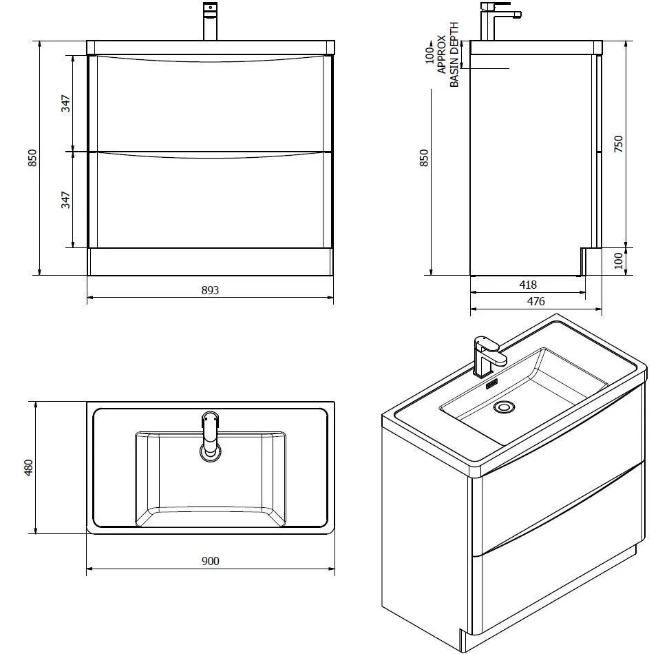 Wall Hung Bathroom Vanity Cabinet 2 Drawer White Gloss 600/800/900