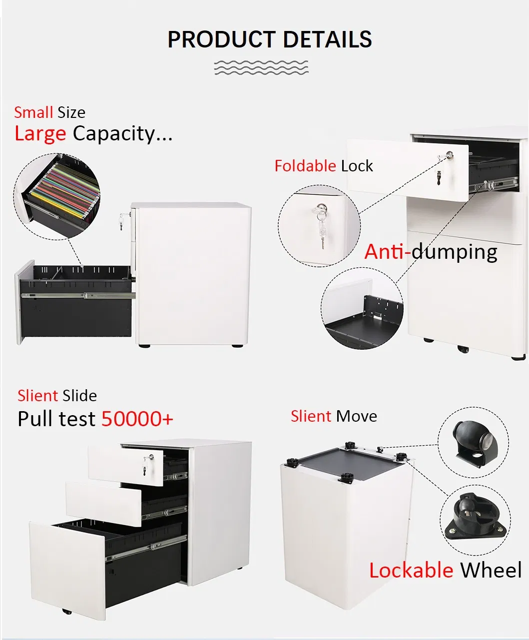 Widely Customer Acceptable File Cabinet with Lockable Rubber Wheel